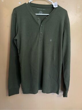 American Eagle Olive Waffle-Knit Henley Top